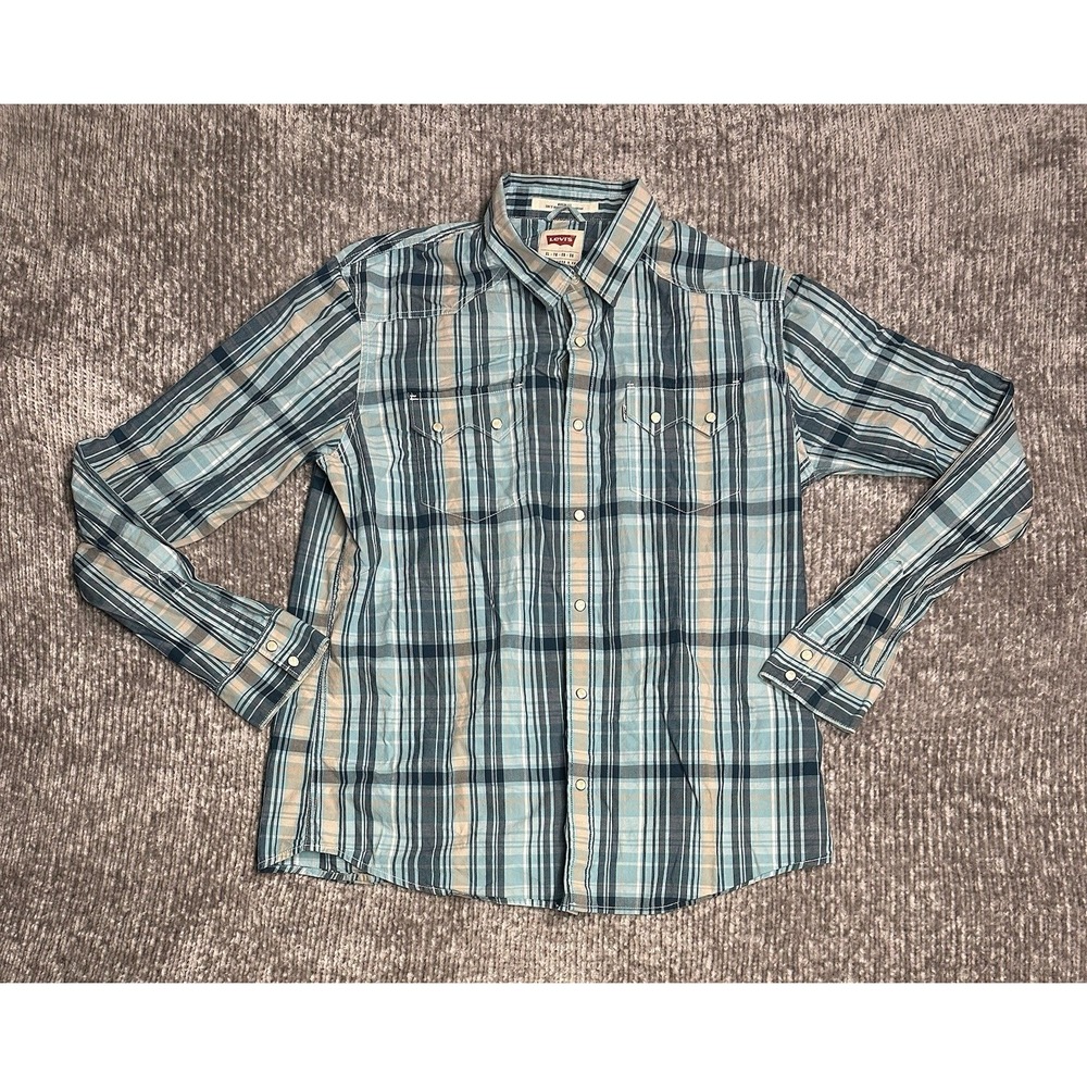 Levis Pearl Snap Western Shirt Mens XL Blue Navy Modern Fit Plaid Long Sleeve